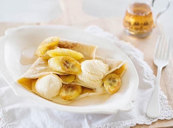 Spiced crepes with seared maple bananas